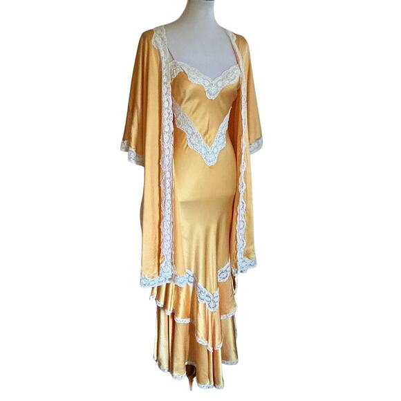 Vintage 80s Old Hollywood Jenny Dobell Marigold Silk Gown & Robe Set, Lace Sz 8 - Picture 1 of 12